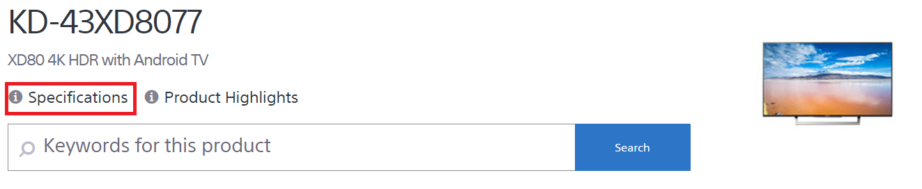 Support website specifications screenshot