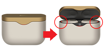 imagen lado a lado que muestra el estuche de carga con la tapa cerrada y luego con la tapa abierta con los indicadores de carga iluminados