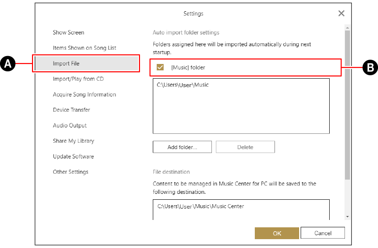 Dialogue : Importer des fichiers audio vers Music Center for PC.