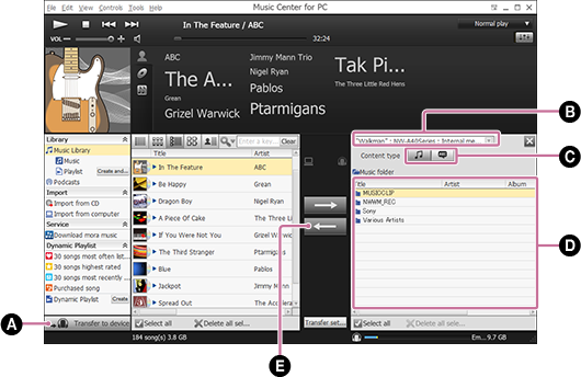 Screenshot, der das Verfahren zum Importieren von Songs vom Walkman zeigt. Einzelheiten zu dem Verfahren finden Sie im Textkörper.