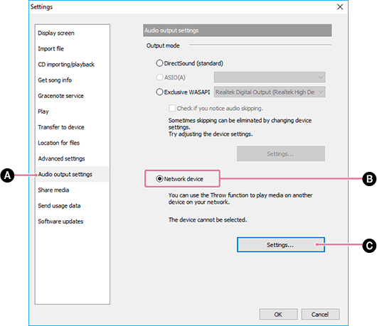 Screenshot von [Audioausgabe-Einstellungen]. Einzelheiten zu dem Verfahren finden Sie im Textkörper.