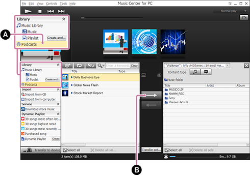 Screenshot, der das Verfahren zum Übertragen von Podcasts zeigt. Einzelheiten zu dem Verfahren finden Sie im Textkörper.