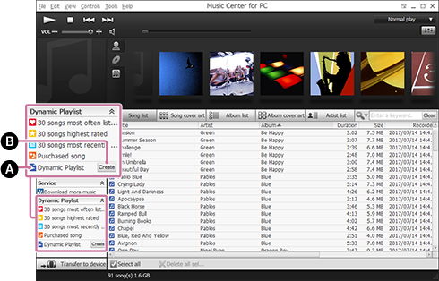 Screenshot von der Erstellung einer [Dynamische Wiedergabeliste]. Einzelheiten zu dem Verfahren finden Sie im Textkörper.