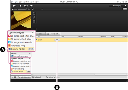 Screenshot von der Bearbeitung einer [Dynamische Wiedergabeliste]. Einzelheiten zu dem Verfahren finden Sie im Textkörper.