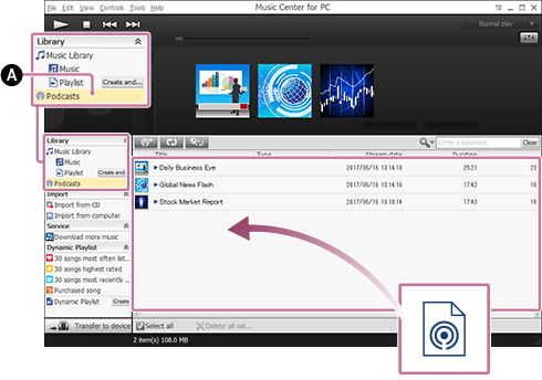 Näyttökuva, jossa näytetään, miten podcasteja rekisteröidään vetämällä ja pudottamalla. Katso lisätietoja menettelystä leipätekstistä.