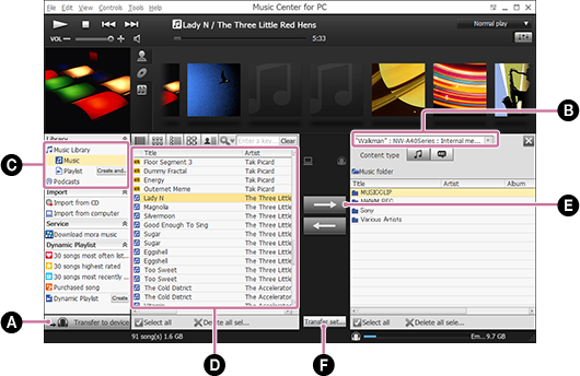 Capture d’écran qui illustre la procédure de transfert de morceaux ou de listes de lecture. Pour des informations détaillées sur la procédure, reportez-vous au corps du texte.