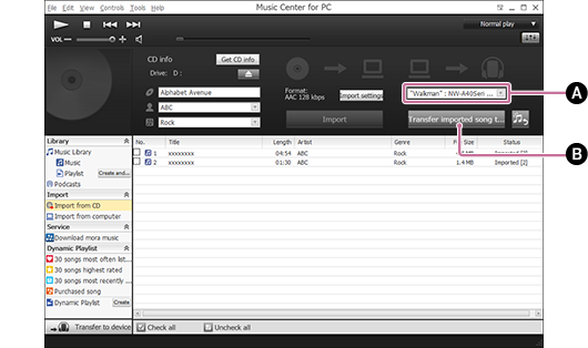 Schermafbeelding die de procedure toont voor het overdragen van geïmporteerde nummers naar de Walkman. Voor meer informatie over de procedure raadpleegt u de tekst.