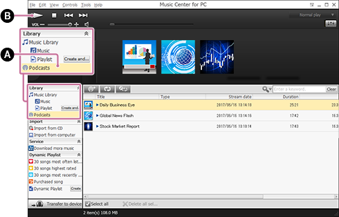 Schermafbeelding die de procedure toont voor het afspelen van podcasts. Voor meer informatie over de procedure raadpleegt u de tekst.