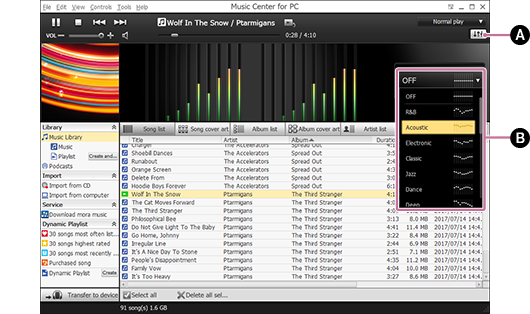 Schermafbeelding die de procedure toont voor het omschakelen nar het equalizerscherm. Voor meer informatie over de procedure raadpleegt u de tekst.