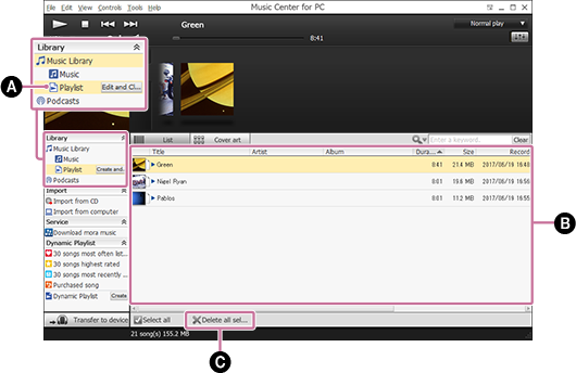 Schermafbeelding die de procedure toont voor het wissen van een afspeellijst. Voor meer informatie over de procedure raadpleegt u de tekst.