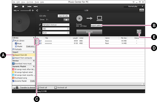 Captura de ecrã que mostra o procedimento para importar músicas de um CD de música. Para obter detalhes sobre o procedimento, consulte o corpo de texto.