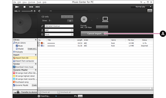 Captura de ecrã que mostra o procedimento para cancelar a importação de músicas. Para obter detalhes sobre o procedimento, consulte o corpo de texto.
