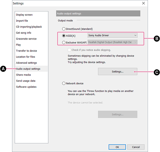 Captura de ecrã de [Definições de saída de áudio]. Para obter detalhes sobre o procedimento, consulte o corpo de texto.