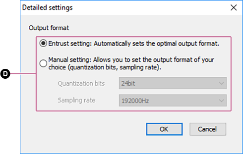 Captura de ecrã de [Definições: formato de saída]. Para obter detalhes sobre o procedimento, consulte o corpo de texto.