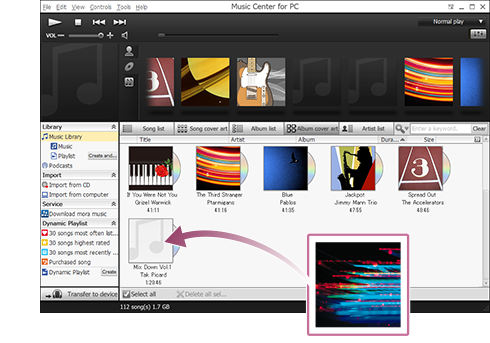 Arrastar e largar um ficheiro de imagem para a área de fotografia para cada álbum, música ou artista.