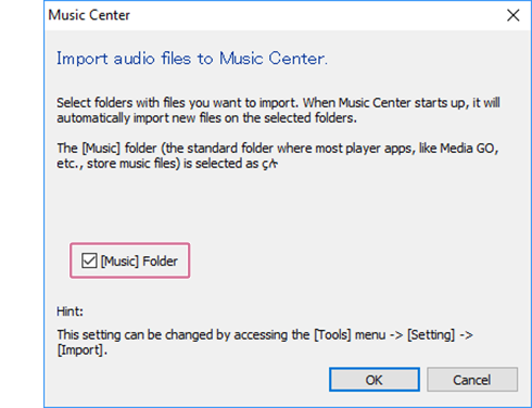 Caixa de diálogo: Importar ficheiros de áudio para a aplicação Music Center for PC.