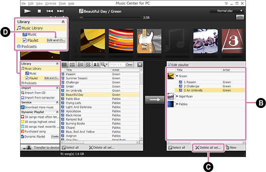 Снимок экрана при выбранном списке воспроизведении. Подробные сведения о процедуре приведены в основном тексте.