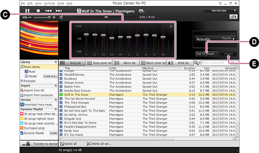 Skärmbild som visar proceduren för att justera equalizerinställningarna manuellt. Se brödtexten för närmare detaljer om hur man gör.