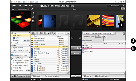 Skärmbild som visar proceduren för överföring av språkinlärningsmaterial. Se brödtexten för närmare detaljer om hur man gör.