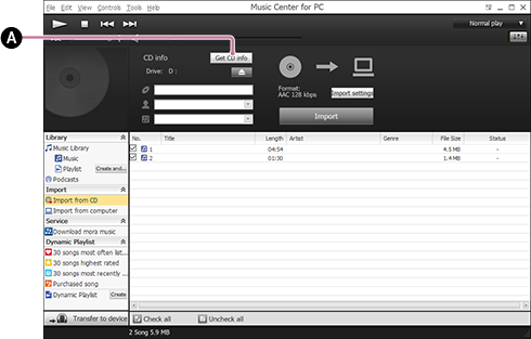 Skärmbild som visar proceduren för att manuell hämtning av musikinformation. Se brödtexten för närmare detaljer om hur man gör.