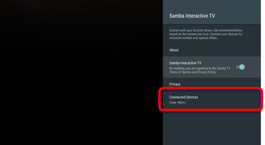 Menu screen of "Samba Interactive TV". A four-letter code is displayed in the menu.