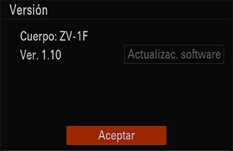 Pantalla de versión de la cámara. Muestra el nombre de la cámara y la versión del software del sistema.