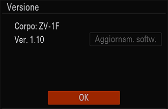 Schermata della versione della fotocamera. Mostra il nome della fotocamera e la versione del software di sistema.