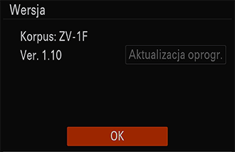 Ekran wersji aparatu/kamery. Pokazuje nazwę aparatu/kamery i wersję oprogramowania systemowego.