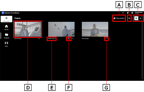 Index view project management screen. A, B, and C are in the upper right, followed by D–G in the center.
