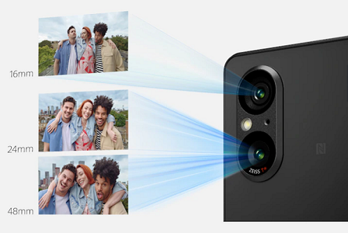 Bild von der Marketing-Website von Sony, das das obere Objektiv (16 mm) und das untere Objektiv des Xperia 5 V zeigt, das die Arbeit zweier Objektive (24 mm und 48 mm) übernimmt.