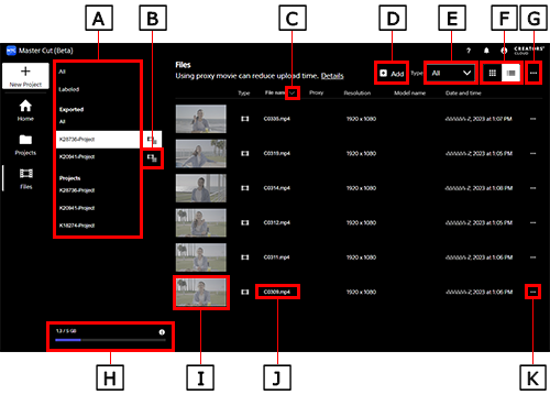 List view file management screen. A and B are in the upper left, followed by C-G in the upper right and H in the lower left. I–K are in the center.