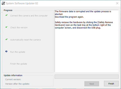 Zaslon s sporočilom [The firmware data is corrupted and the update process is aborted] (Podatki vdelane programske opreme so poškodovani in postopek posodobitve je prekinjen).