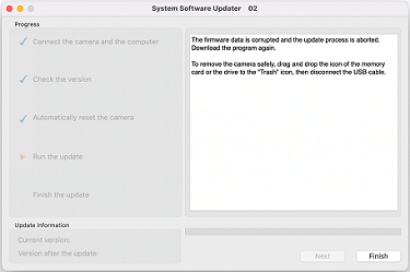 Obrazovka s nápisem [The firmware data is corrupted and the update process is aborted] (Firmwarová data jsou poškozená a proces aktualizace byl přerušen).