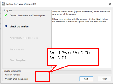 Na spodnjem levem delu zaslona trenutna različica [Current Version] prikazuje 1.35, različica po posodobitvi [Version after the update] pa prikazuje 2.01.
