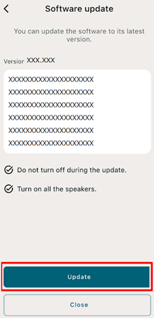 Längst ned på skärmen är knapparna [Update] (uppdatera) och [Close] (stäng) uppradade ovanför varandra. Knappen [Update] (uppdatera) är högst upp.