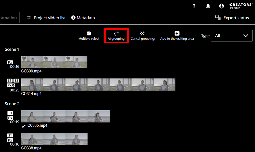 Video list area on the editing screen, with videos grouped by scene. The AI grouping button in the upper right is highlighted.