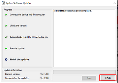 The message [The update process has been completed.] appears on the screen. The [Finish] button is located in the lower right corner of the screen.
