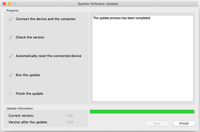Meddelandet [The update process has been completed.] (uppdateringsprocessen har slutförts) visas på skärmen. Knappen [Finish] (slutför) finns i det nedre högra hörnet av skärmen.