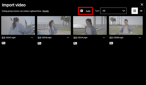 This screen is displayed when the Import video button is selected. Files of the selected file type are listed, with the Add button in the upper right highlighted.
