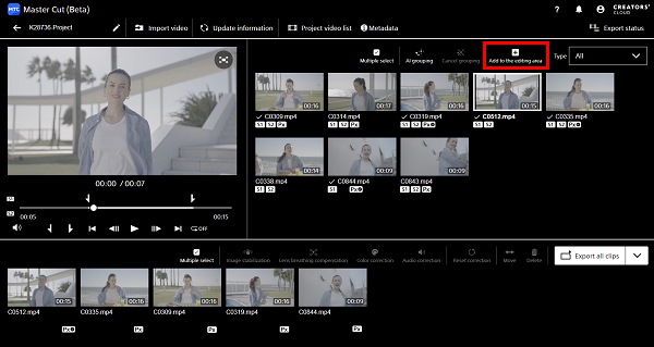 Editing screen, with imported videos in the video list area. In the upper right of the video list area, the Add to the editing area button is highlighted.