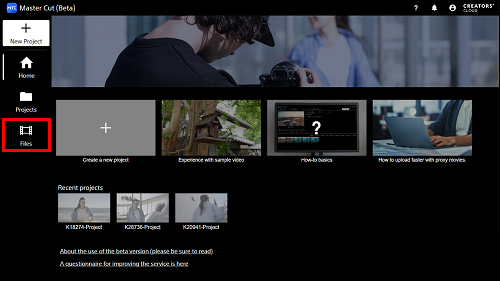 Home screen. The Files button in the left is highlighted.