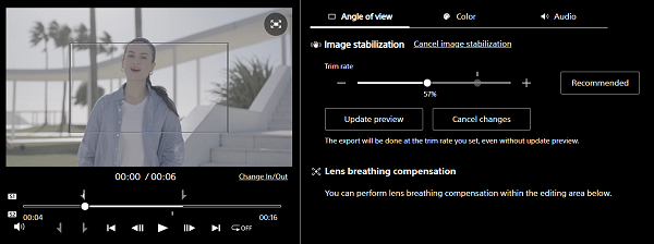 Preview and clip editing area after image stabilization. Image stabilization parameters are shown in the clip editing area.