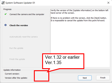 Na spodnjem levem delu zaslona trenutna različica [Current Version] prikazuje 1.32 ali starejšo različico, različica po posodobitvi [Version after the update] pa prikazuje 1.35.