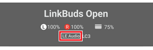 Sony | Sound Connect アプリのダッシュボード画面。バッテリー残量表示の下に「LE Audio」と表示されている