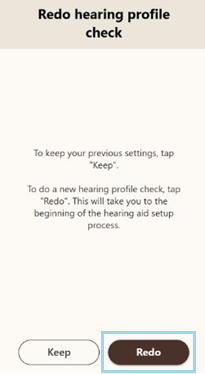 Hearing profile check screen with options: Redo and Keep with Redo selected