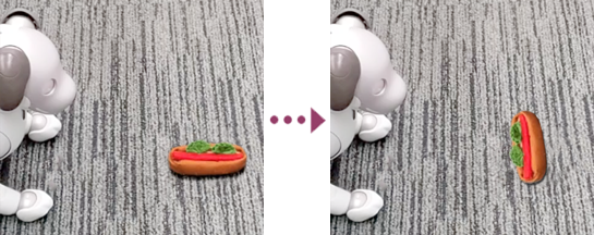 Example of orientation that aibo cannot pick up the plush hot dog