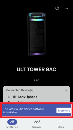 Ecranul mesajului apare în partea de jos a ecranului aplicației, cu butonul [More info] (Mai multe informații) în partea dreaptă.