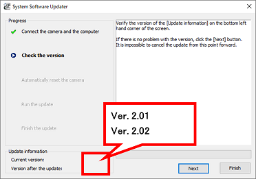 The [Current Version] on the lower left of the screen is showing 2.01 or earlier, and the [Version after the update] is showing 2.02.