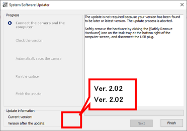 The [Current version] and [Version after the update] are displayed as 2.02 at the bottom left of the screen.