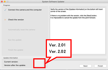 The [Current Version] on the lower left of the screen is showing 2.01 or earlier, and the [Version after the update] is showing 2.02.